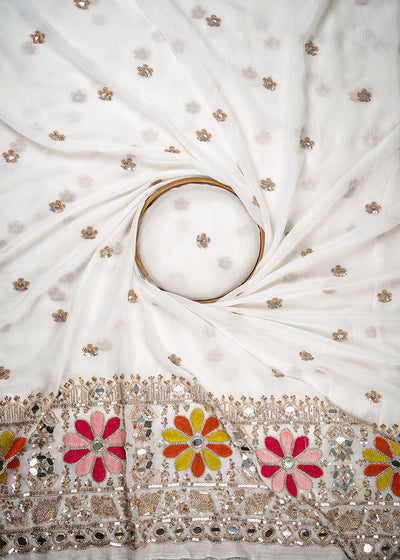 White Dyeable Georgette Fabric With All Over Thread, Sequins, Katdana, Bead And Faux Mirror Work With One Side Border 23949