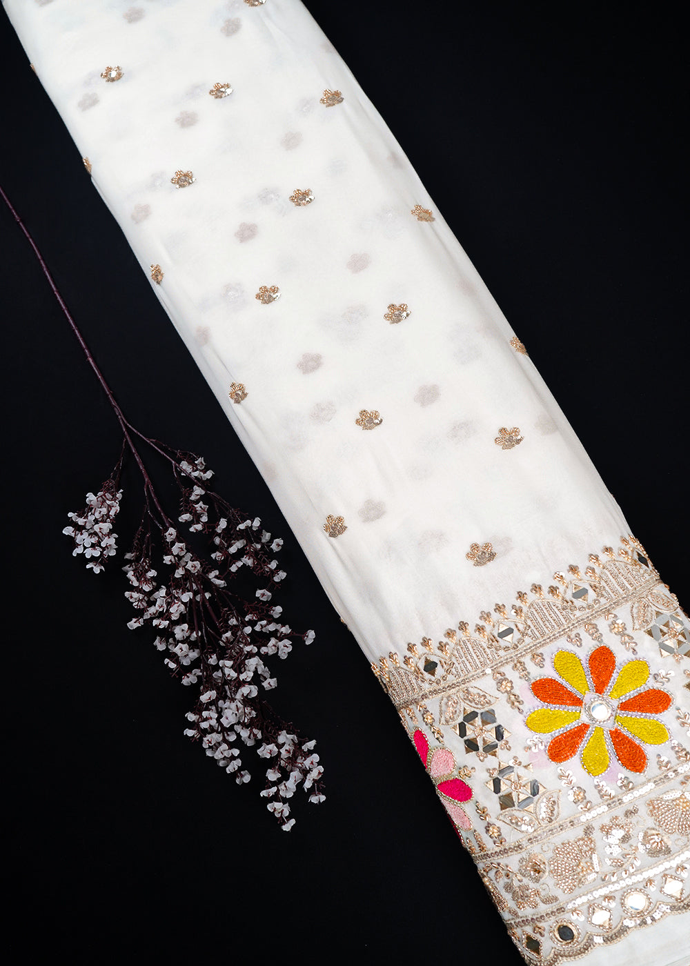 White Dyeable Georgette Fabric With All Over Thread, Sequins, Katdana, Bead And Faux Mirror Work With One Side Border 23949