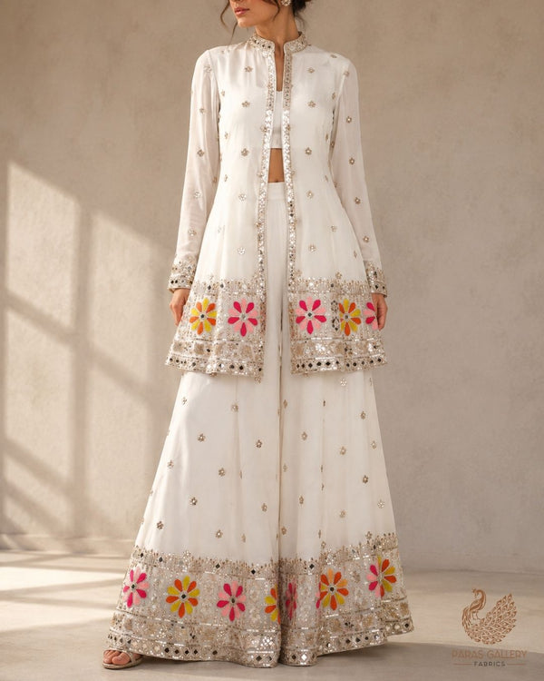 White Dyeable Georgette Fabric With All Over Thread, Sequins, Katdana, Bead And Faux Mirror Work With One Side Border 23949