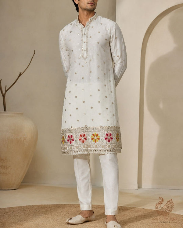 White Dyeable Georgette Fabric With All Over Thread, Sequins, Katdana, Bead And Faux Mirror Work With One Side Border 23949
