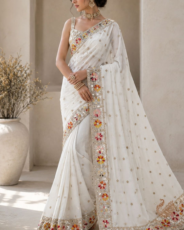 White Dyeable Georgette Fabric With All Over Thread, Sequins, Katdana, Bead And Faux Mirror Work With One Side Border 23949
