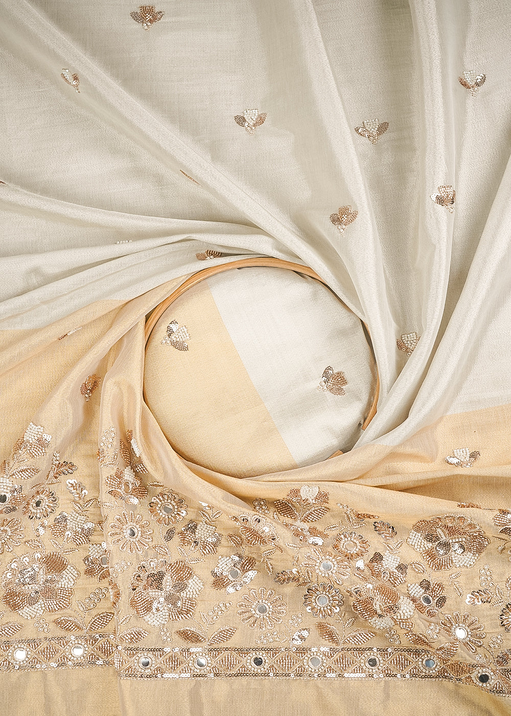 Silver Dyeable Tissue Fabric With All Over Katdana And Bead Work With One Side Golden Border 23950