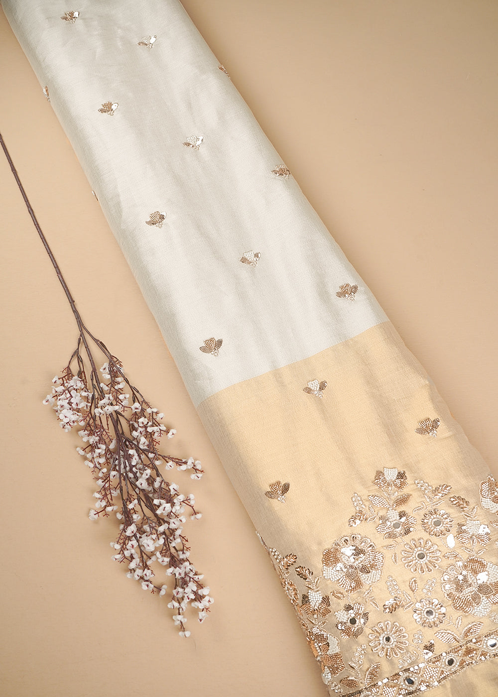 Silver Dyeable Tissue Fabric With All Over Katdana And Bead Work With One Side Golden Border 23950