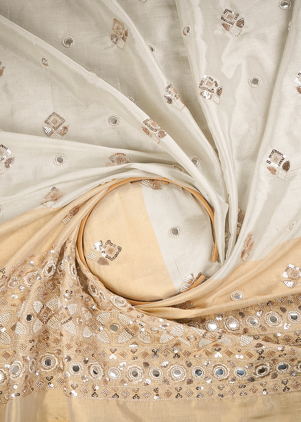 Silver Dyeable Tissue Fabric With All Over Katdana And Bead Work With One Side Golden Border 23951