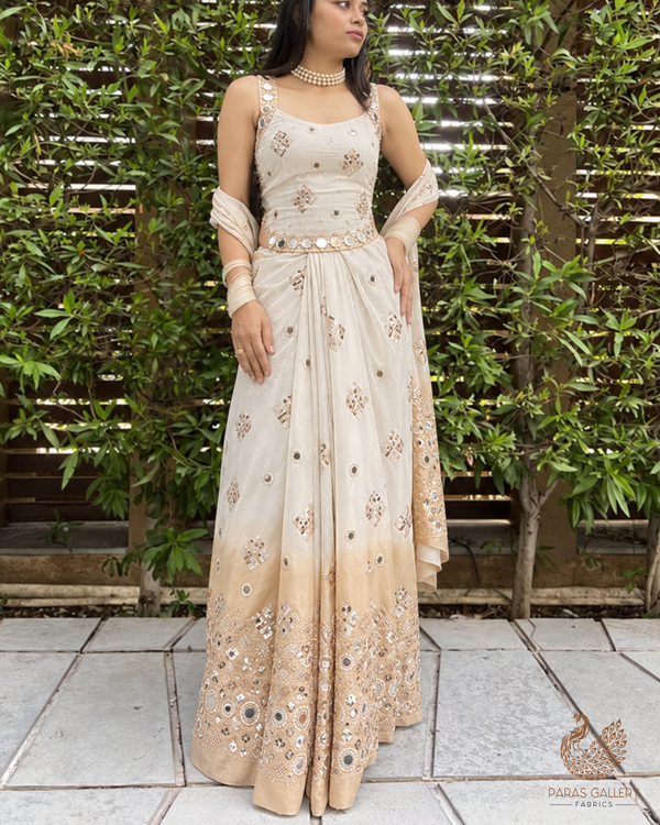 Silver Dyeable Tissue Fabric With All Over Katdana And Bead Work With One Side Golden Border 23951
