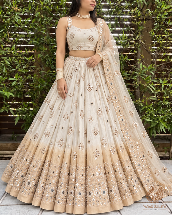 Silver Dyeable Tissue Fabric With All Over Katdana And Bead Work With One Side Golden Border 23951
