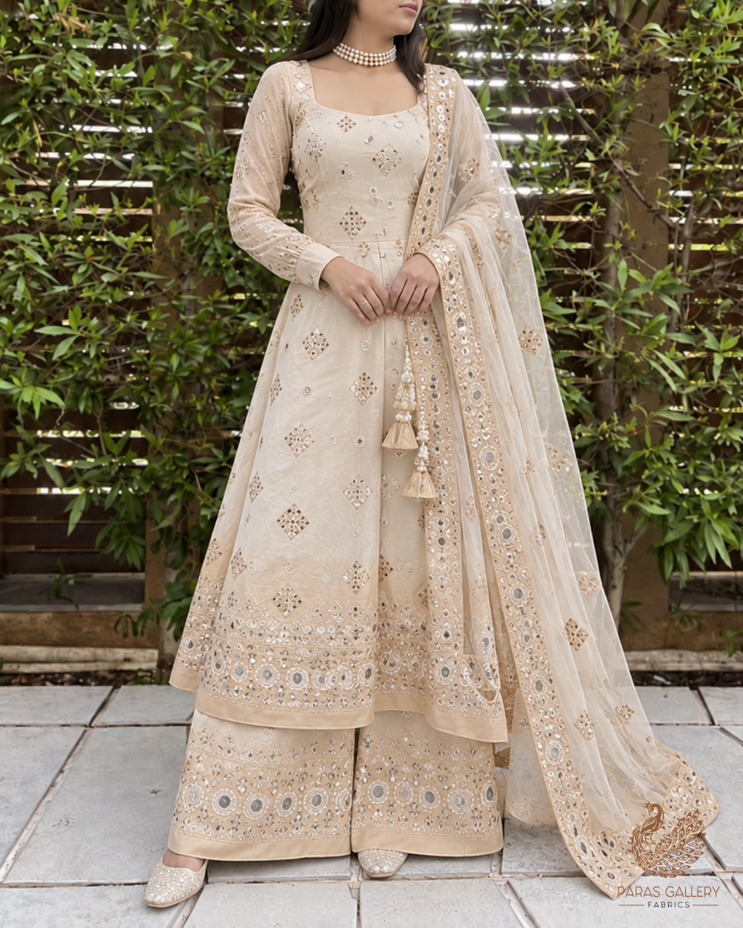 Silver Dyeable Tissue Fabric With All Over Katdana And Bead Work With One Side Golden Border 23951
