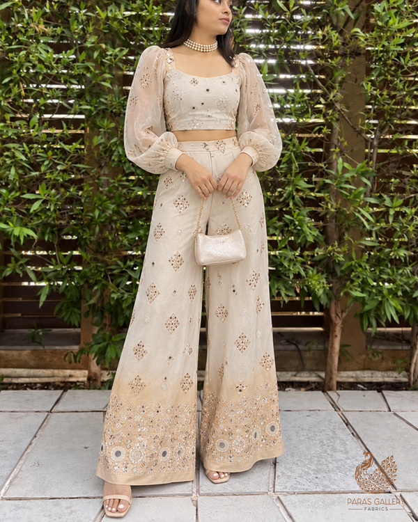 Silver Dyeable Tissue Fabric With All Over Katdana And Bead Work With One Side Golden Border 23951