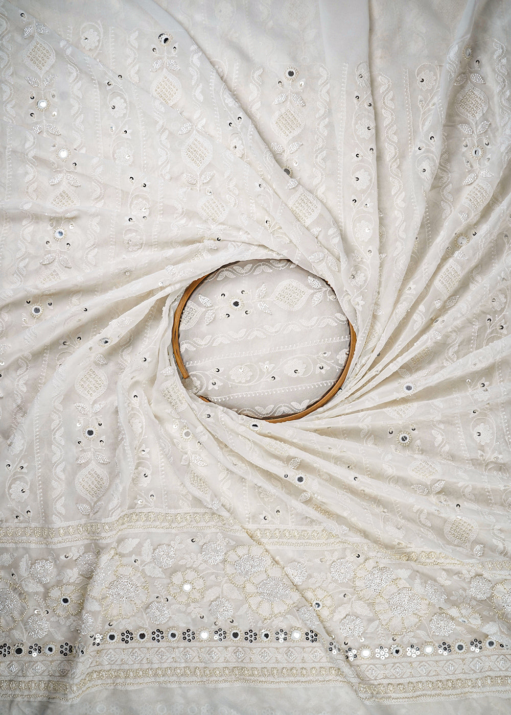 White Dyeable Georgette Fabric With All Over Sequins And Bead Work With One Side Border 23953