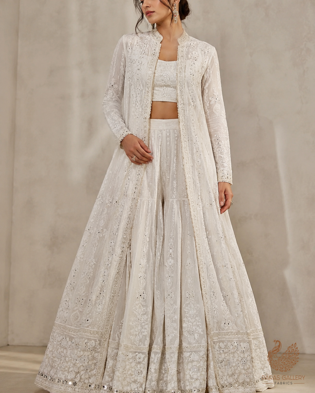 White Dyeable Georgette Fabric With All Over Sequins And Bead Work With One Side Border 23953