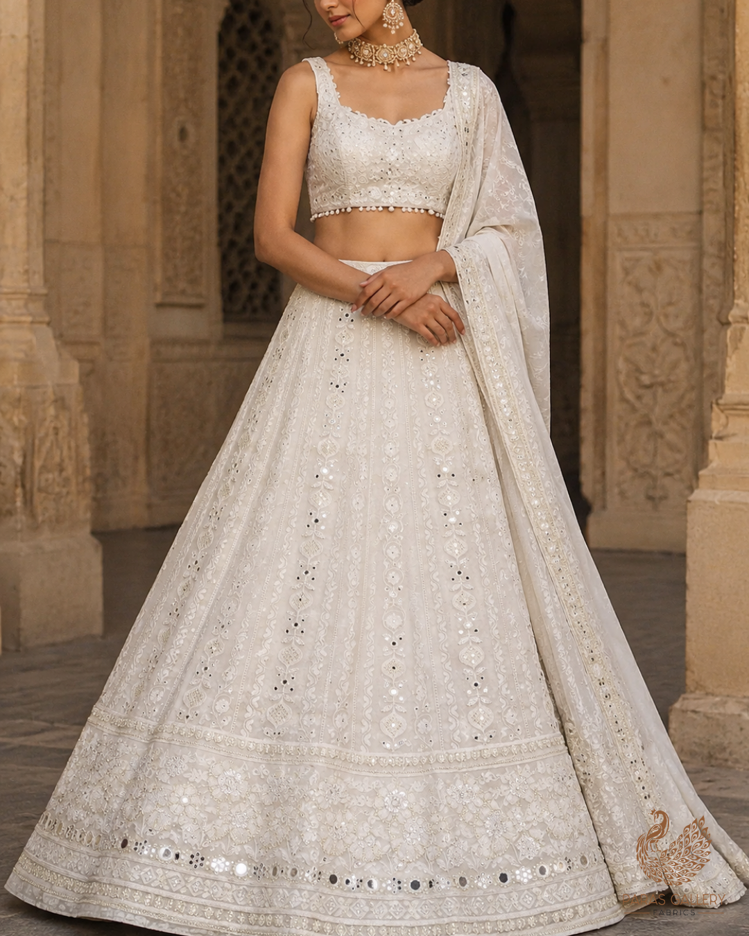 White Dyeable Georgette Fabric With All Over Sequins And Bead Work With One Side Border 23953