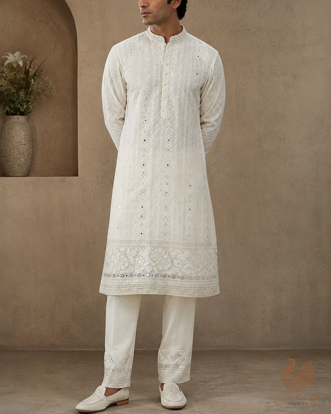 White Dyeable Georgette Fabric With All Over Sequins And Bead Work With One Side Border 23953
