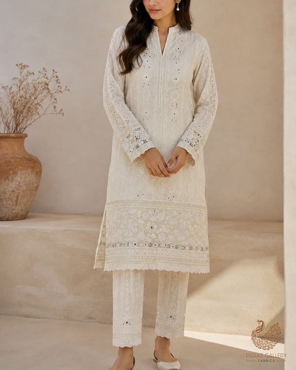 White Dyeable Georgette Fabric With All Over Sequins And Bead Work With One Side Border 23953