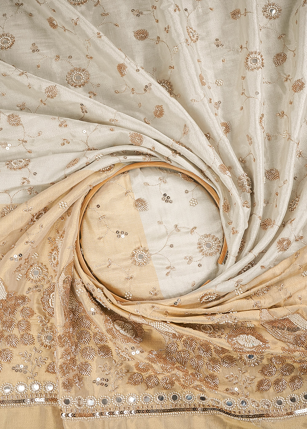 Silver Dyeable Tissue Fabric With All Over Katdana And Bead Work With One Side Golden Border 23955