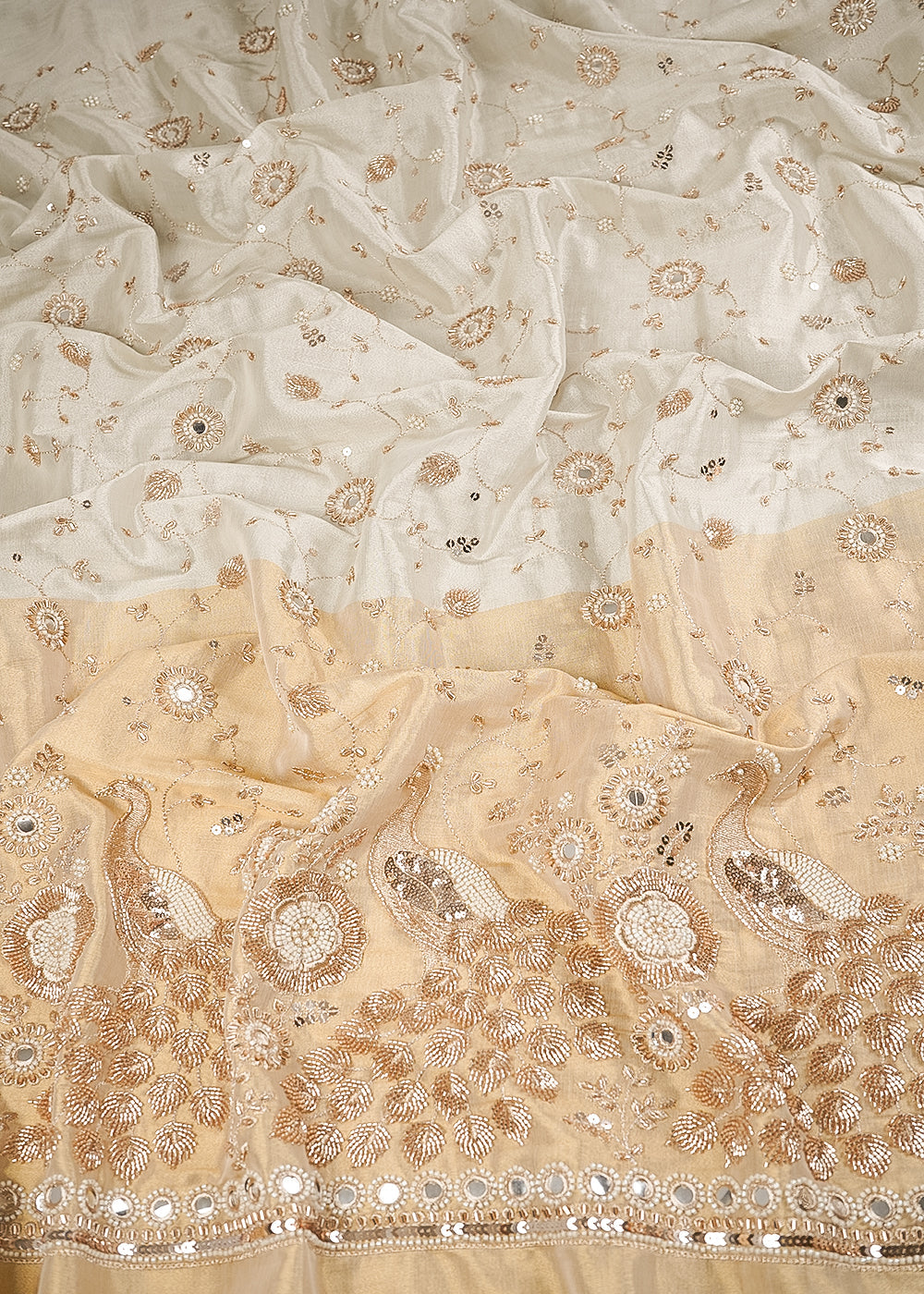 Silver Dyeable Tissue Fabric With All Over Katdana And Bead Work With One Side Golden Border 23955