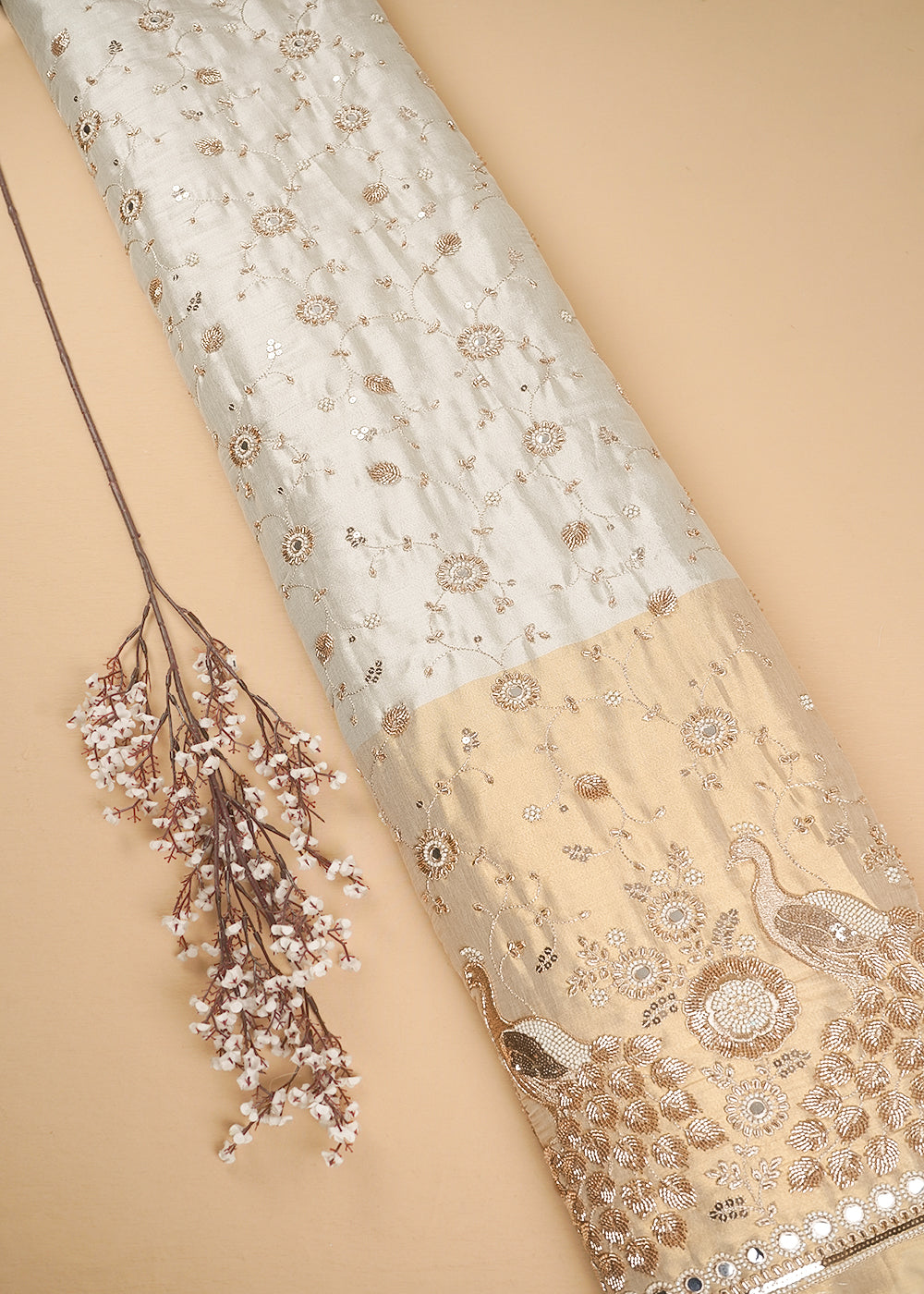 Silver Dyeable Tissue Fabric With All Over Katdana And Bead Work With One Side Golden Border 23955