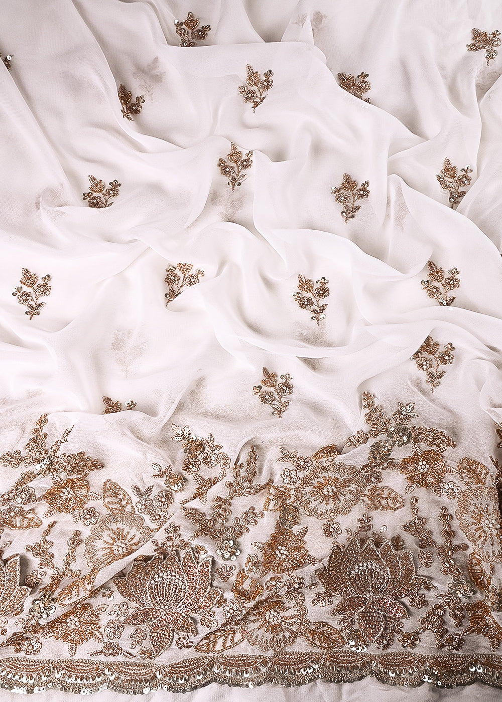 White Dyeable Georgette Fabric With All Over Zari, Sequins, Katdana And Bead Work With One Side Scalloped Border 23956