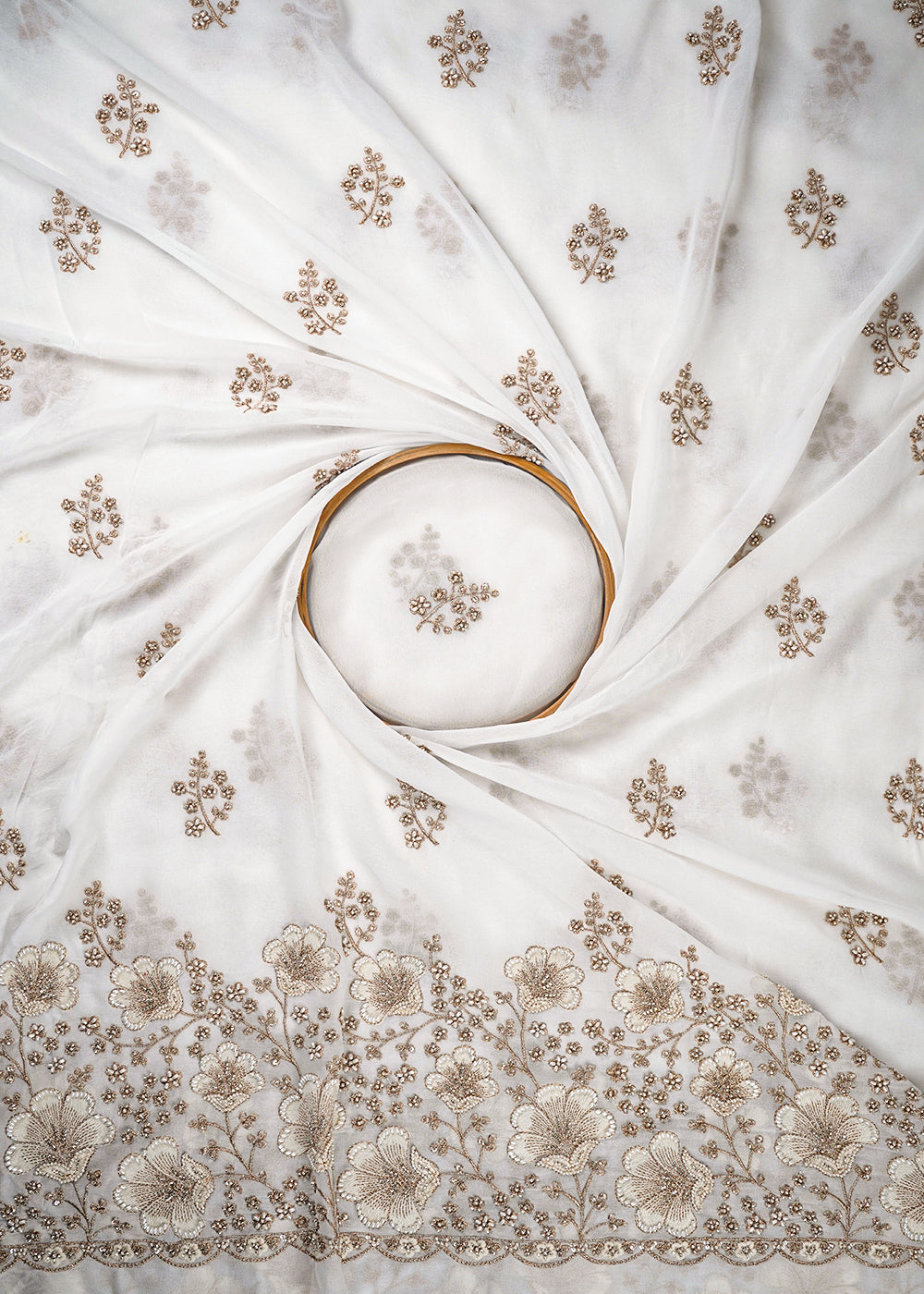 White Dyeable Georgette Fabric With All Over Zari, Sequins, Katdana And Bead Work With One Side Border 23957