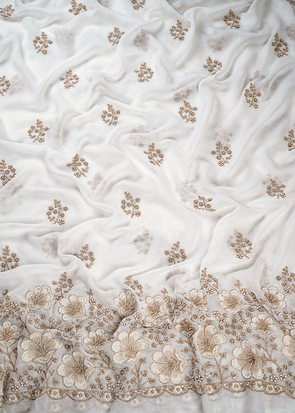 White Dyeable Georgette Fabric With All Over Zari, Sequins, Katdana And Bead Work With One Side Border 23957