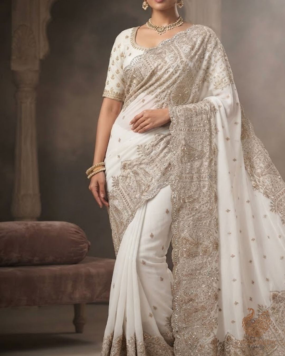 White Dyeable Georgette Fabric With All Over Zari, Sequins, Katdana And Bead Work With One Side Border 23958