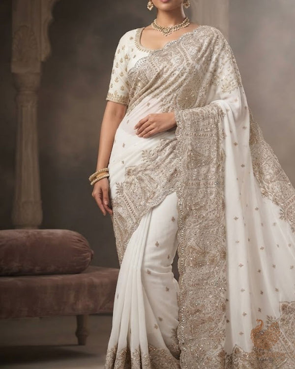 White Dyeable Georgette Fabric With All Over Zari, Sequins, Katdana And Bead Work With One Side Border 23958