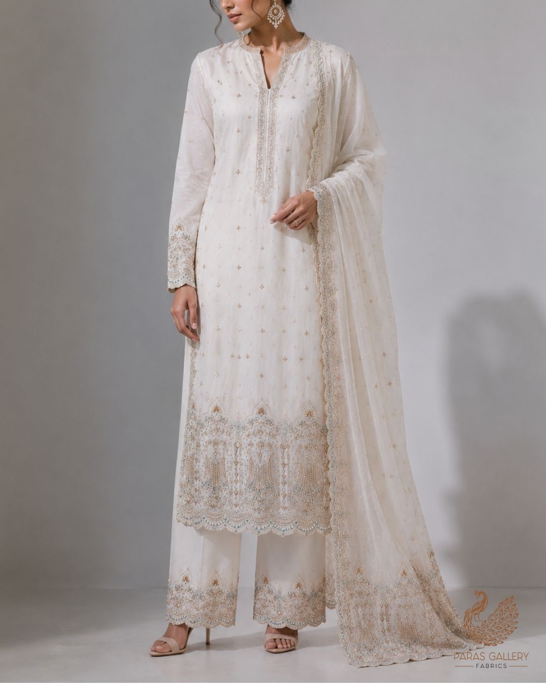 White Dyeable Georgette Fabric With All Over Zari, Sequins, Katdana And Bead Work With One Side Border 23958