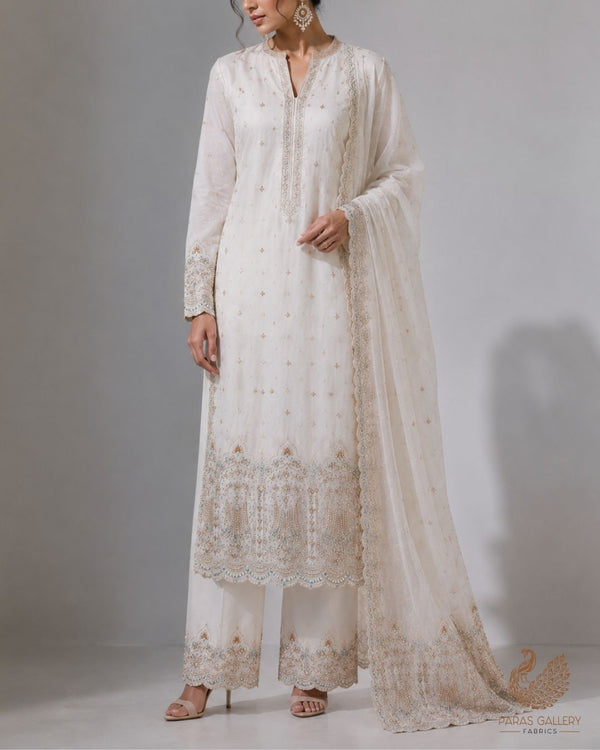 White Dyeable Georgette Fabric With All Over Zari, Sequins, Katdana And Bead Work With One Side Border 23958