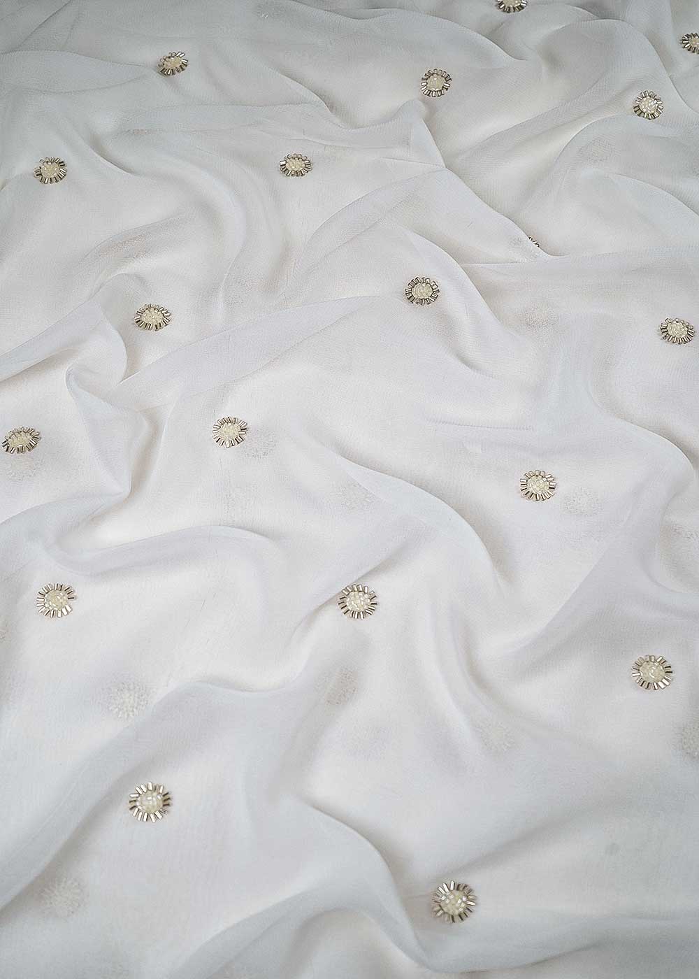 White Dyeable Georgette Fabric With All Over Buti Of Katdana Work 23959