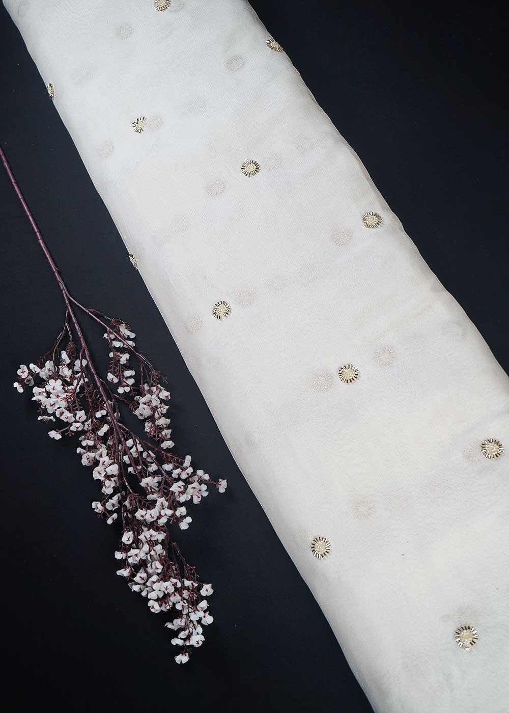 White Dyeable Georgette Fabric With All Over Buti Of Katdana Work 23959