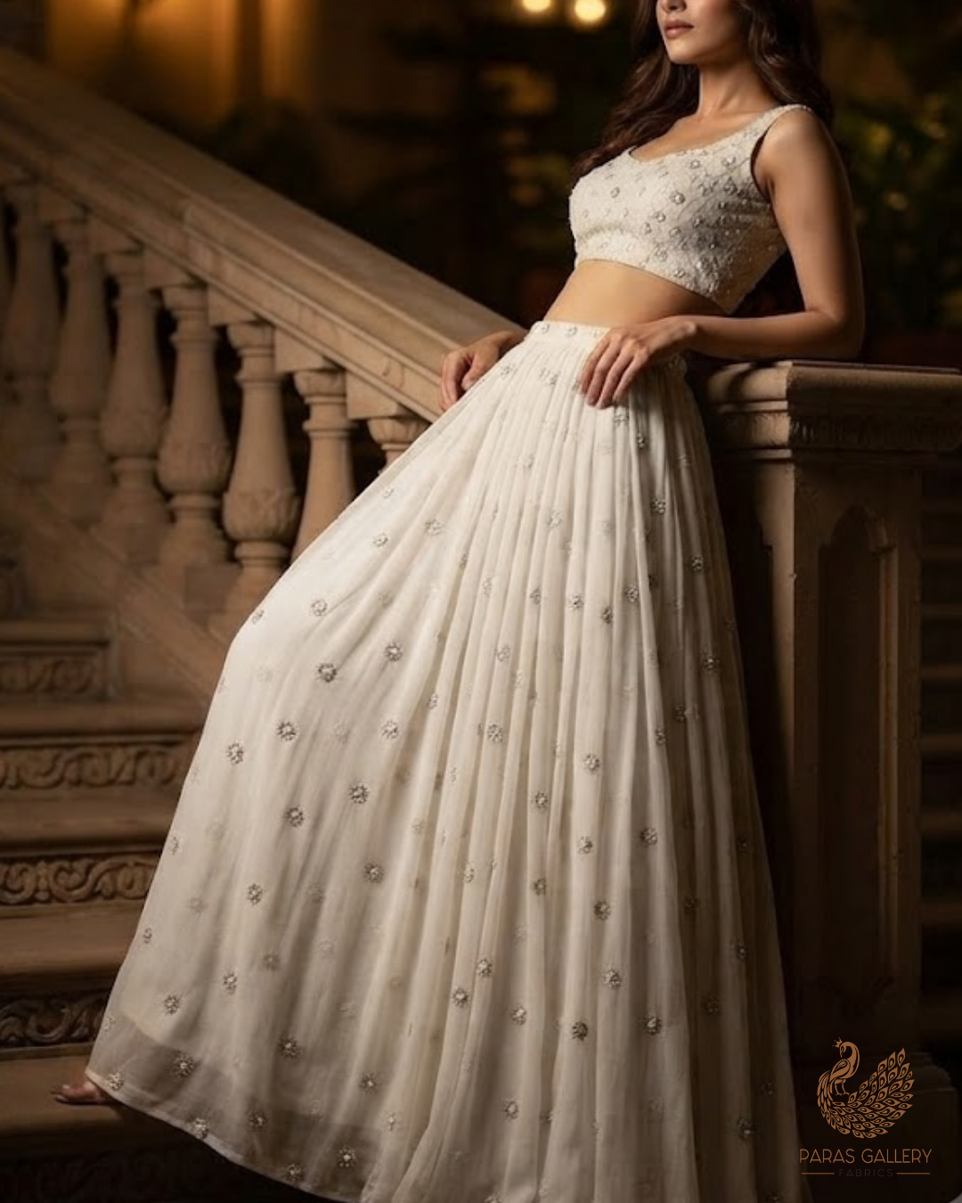 White Dyeable Georgette Fabric With All Over Buti Of Katdana Work 23959