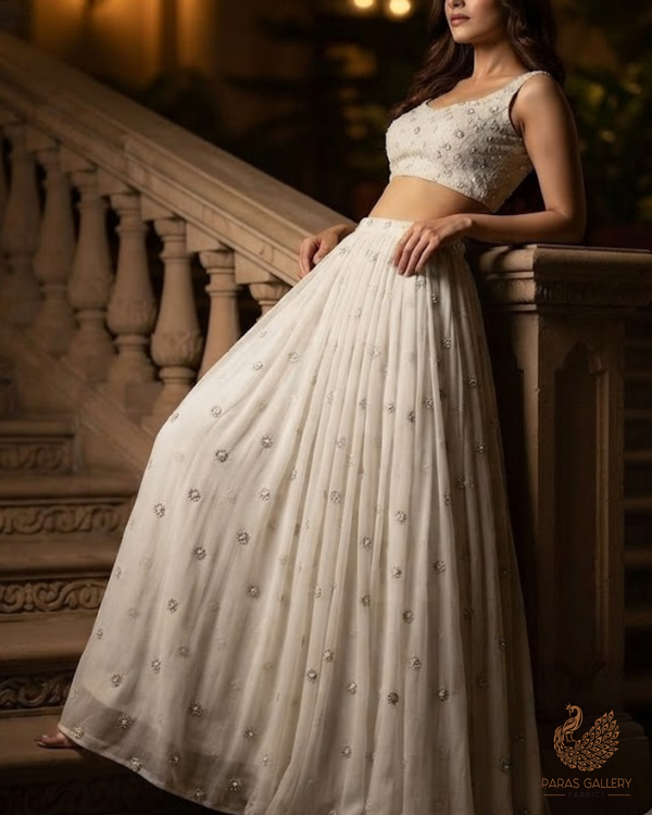 White Dyeable Georgette Fabric With All Over Buti Of Katdana Work 23959