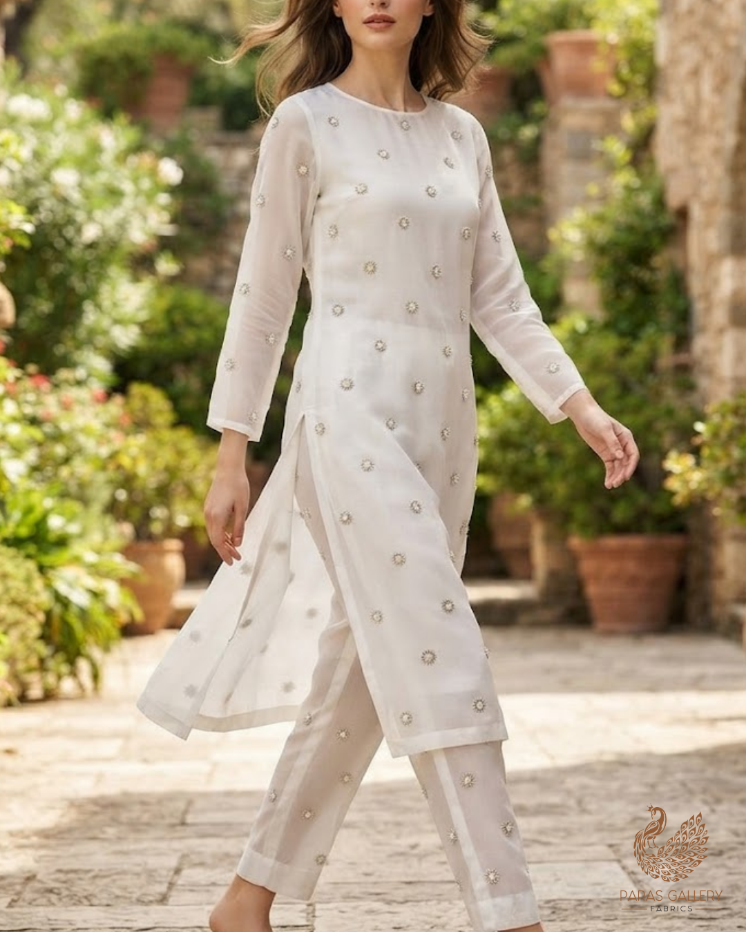 White Dyeable Georgette Fabric With All Over Buti Of Katdana Work 23959
