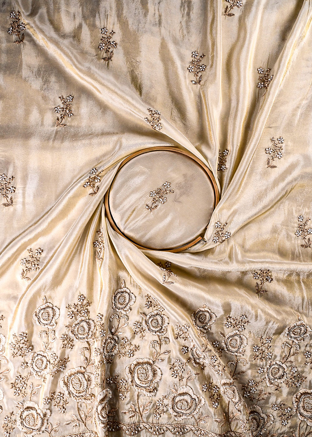 Golden Dyeable Tissue Fabric With All Over Thread, Zari, Sequins, Katdana And Bead Work With One Side Border 23960