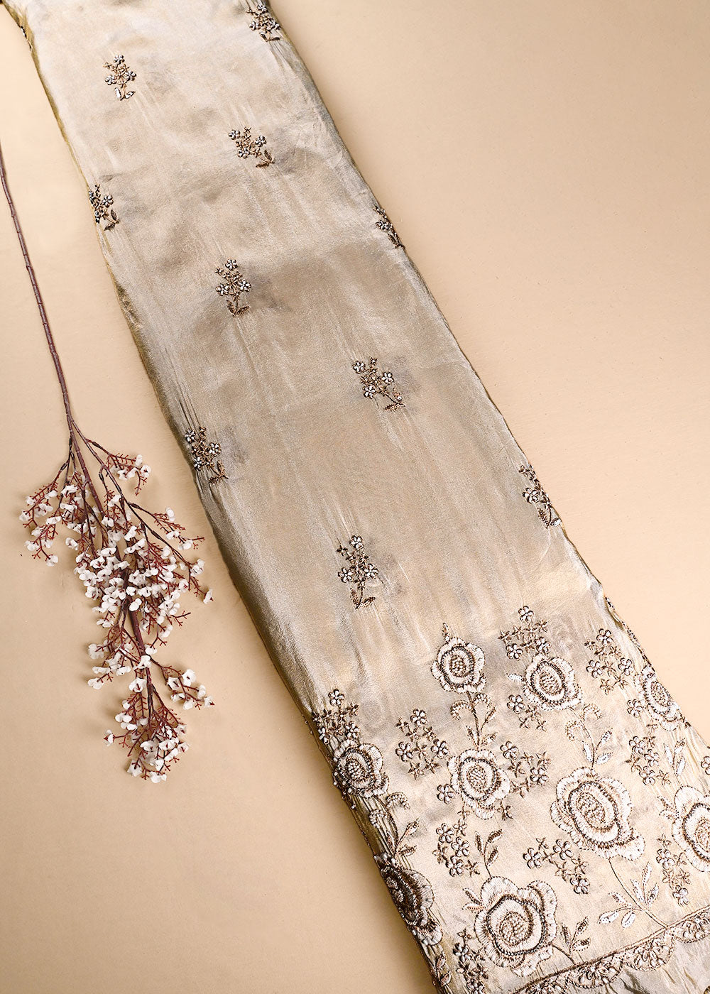 Golden Dyeable Tissue Fabric With All Over Thread, Zari, Sequins, Katdana And Bead Work With One Side Border 23960