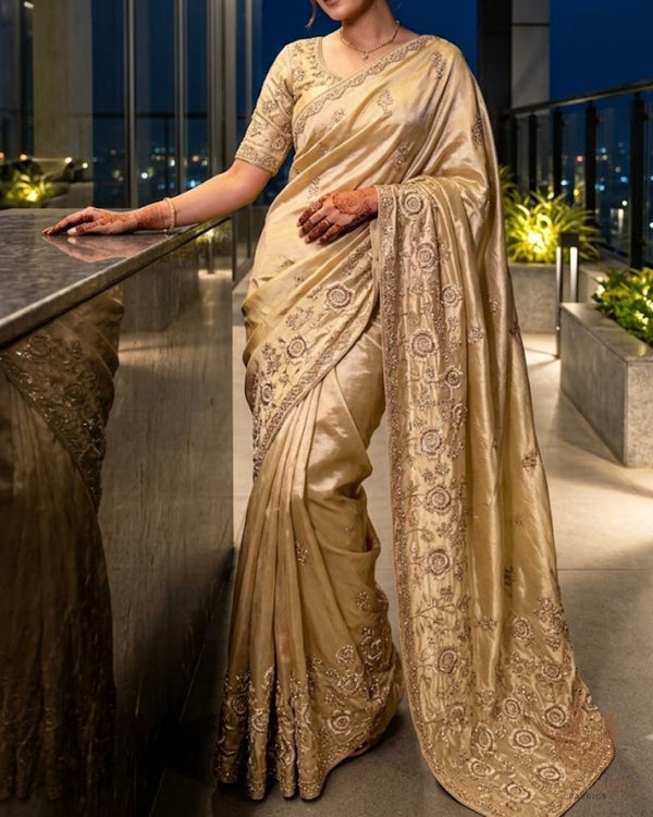 Golden Dyeable Tissue Fabric With All Over Thread, Zari, Sequins, Katdana And Bead Work With One Side Border 23960
