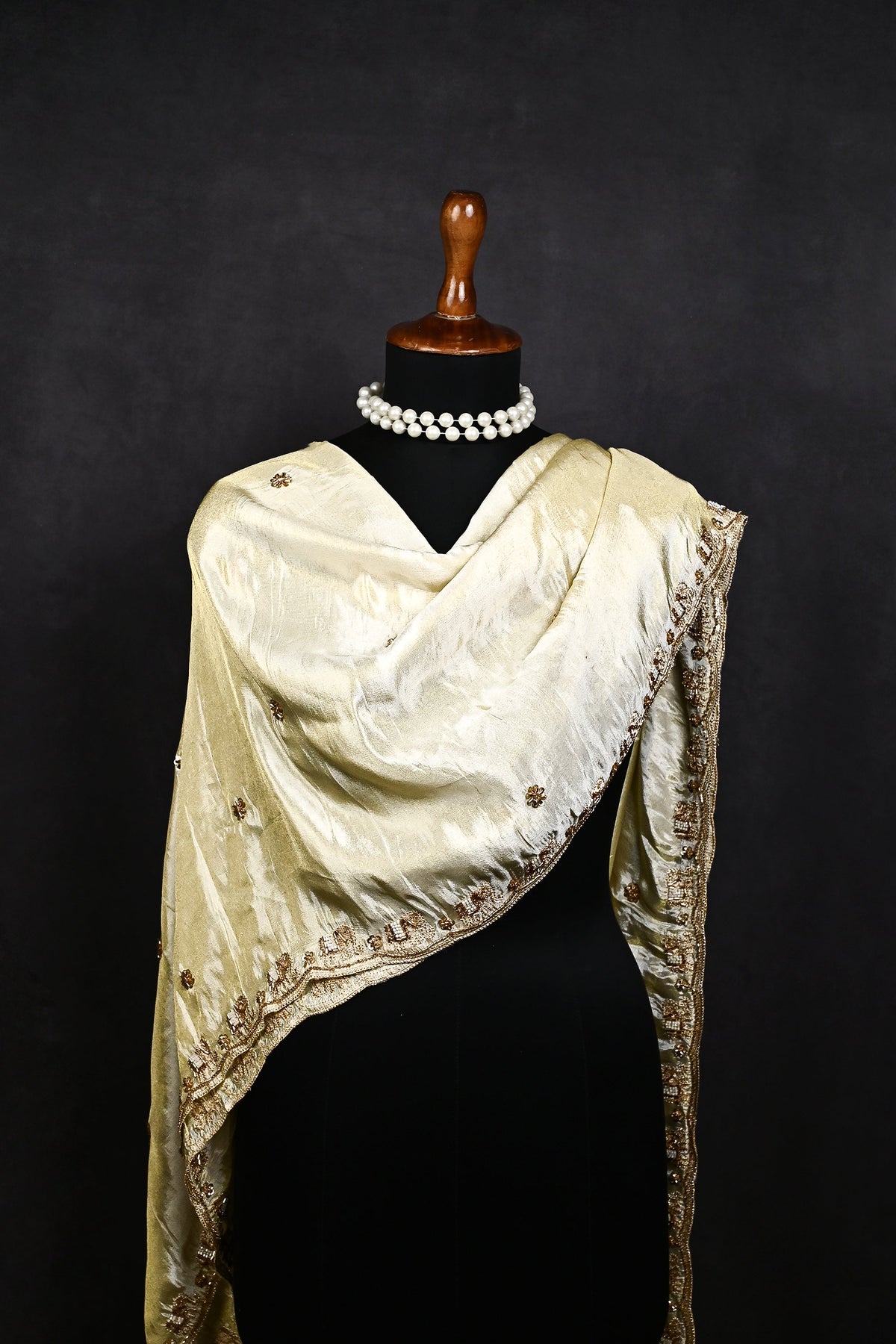 Golden Dyeable Tissue Dupatta All Over Zari, Sequins And Katdana Work 23961