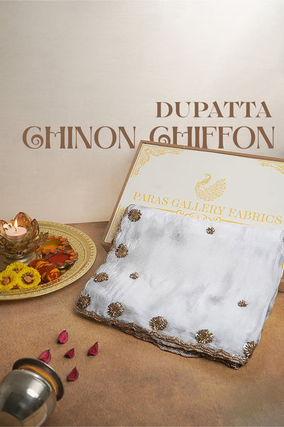 White Dyeable Chinon Chiffon Dupatta All Over Sequins And Katdana Work 23968