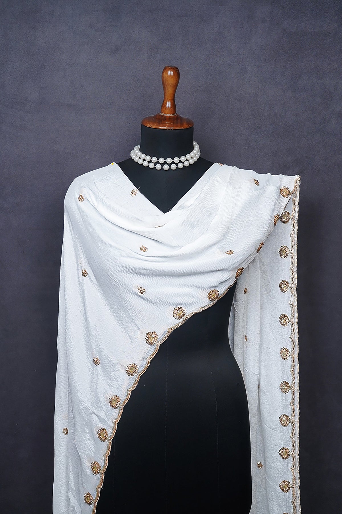 White Dyeable Chinon Chiffon Dupatta All Over Sequins And Katdana Work 23968