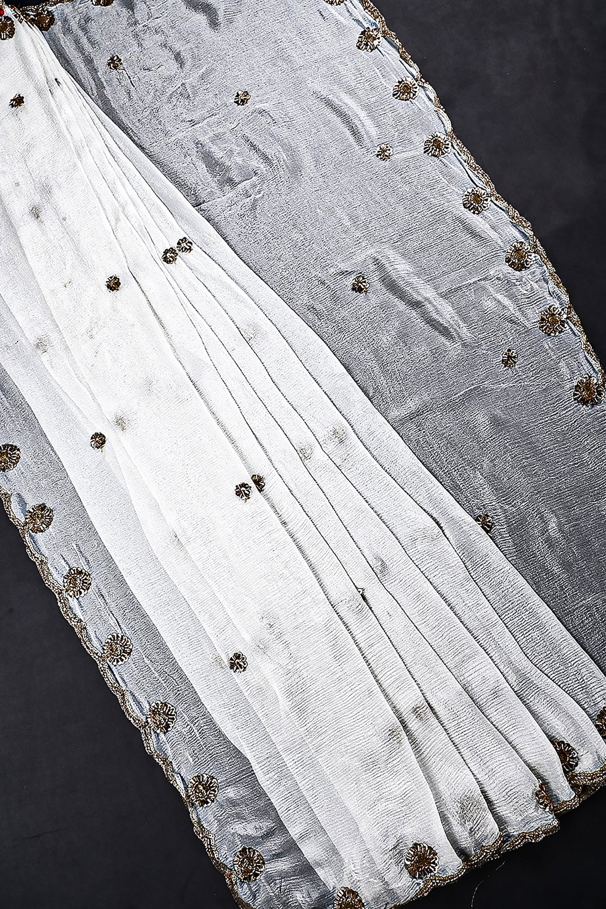 White Dyeable Chinon Chiffon Dupatta All Over Sequins And Katdana Work 23968