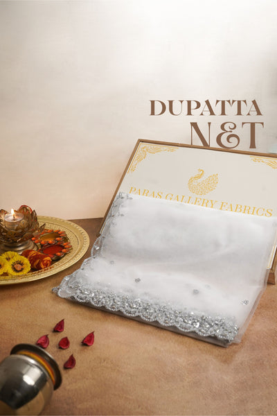 White Dyeable Net Dupatta All Over Silver Zari, Sequins And Katdana Work 23975