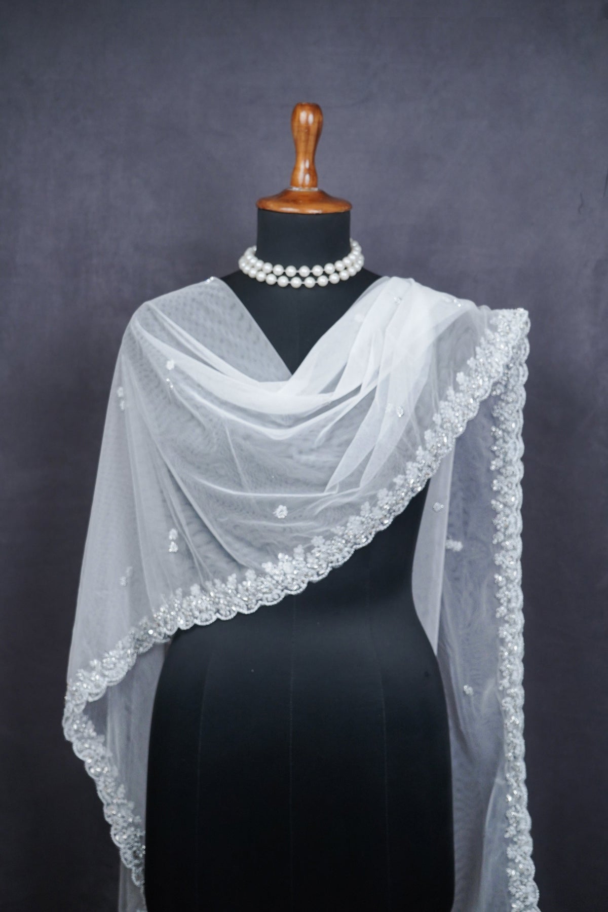White Dyeable Net Dupatta All Over Silver Zari, Sequins And Katdana Work 23975