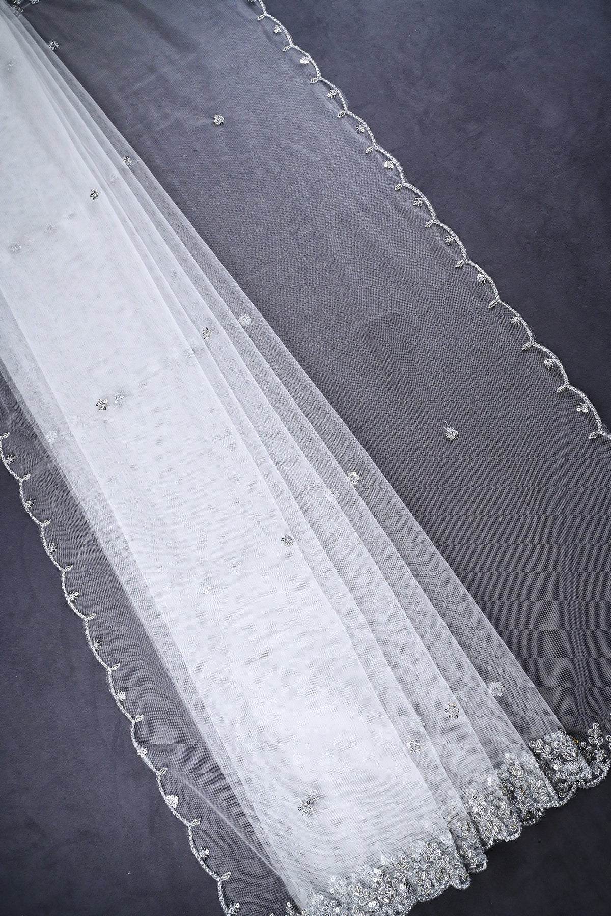 White Dyeable Net Dupatta All Over Silver Zari, Sequins And Katdana Work 23975