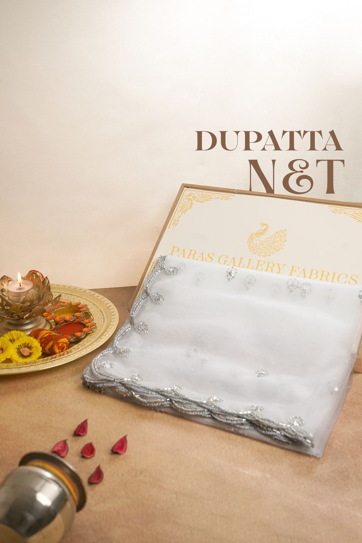 White Dyeable Net Dupatta All Over Silver Sequins And Katdana Work 23976