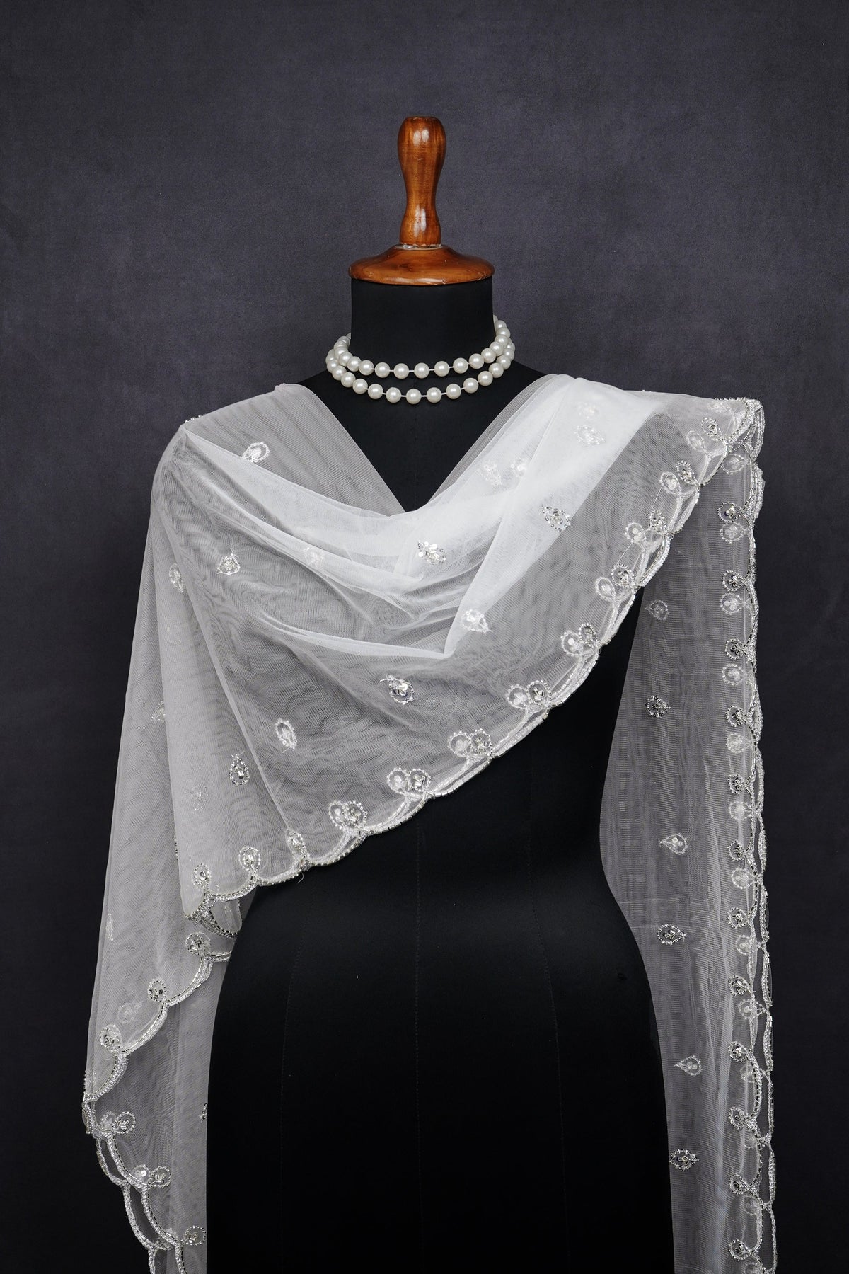 White Dyeable Net Dupatta All Over Silver Sequins And Katdana Work 23976