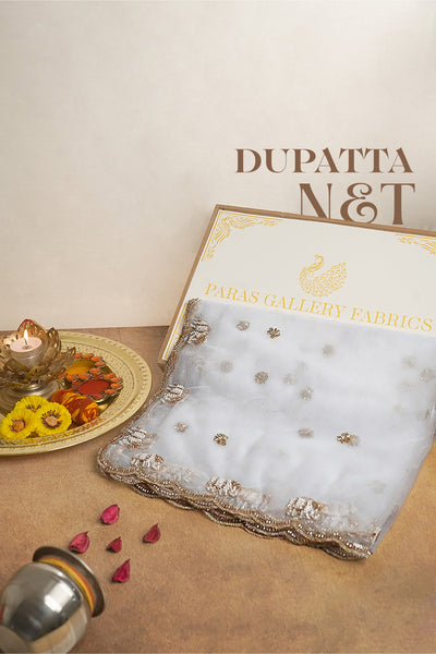 White Dyeable Net Dupatta All Over Zari, Sequins And Katdana Work 23977