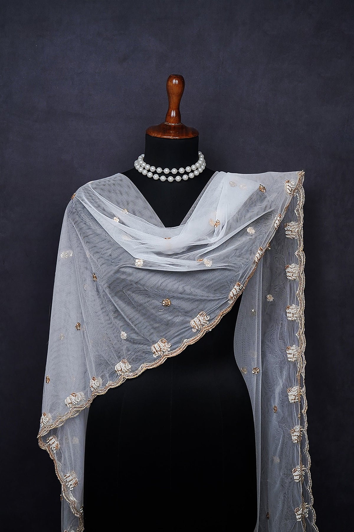 White Dyeable Net Dupatta All Over Zari, Sequins And Katdana Work 23977