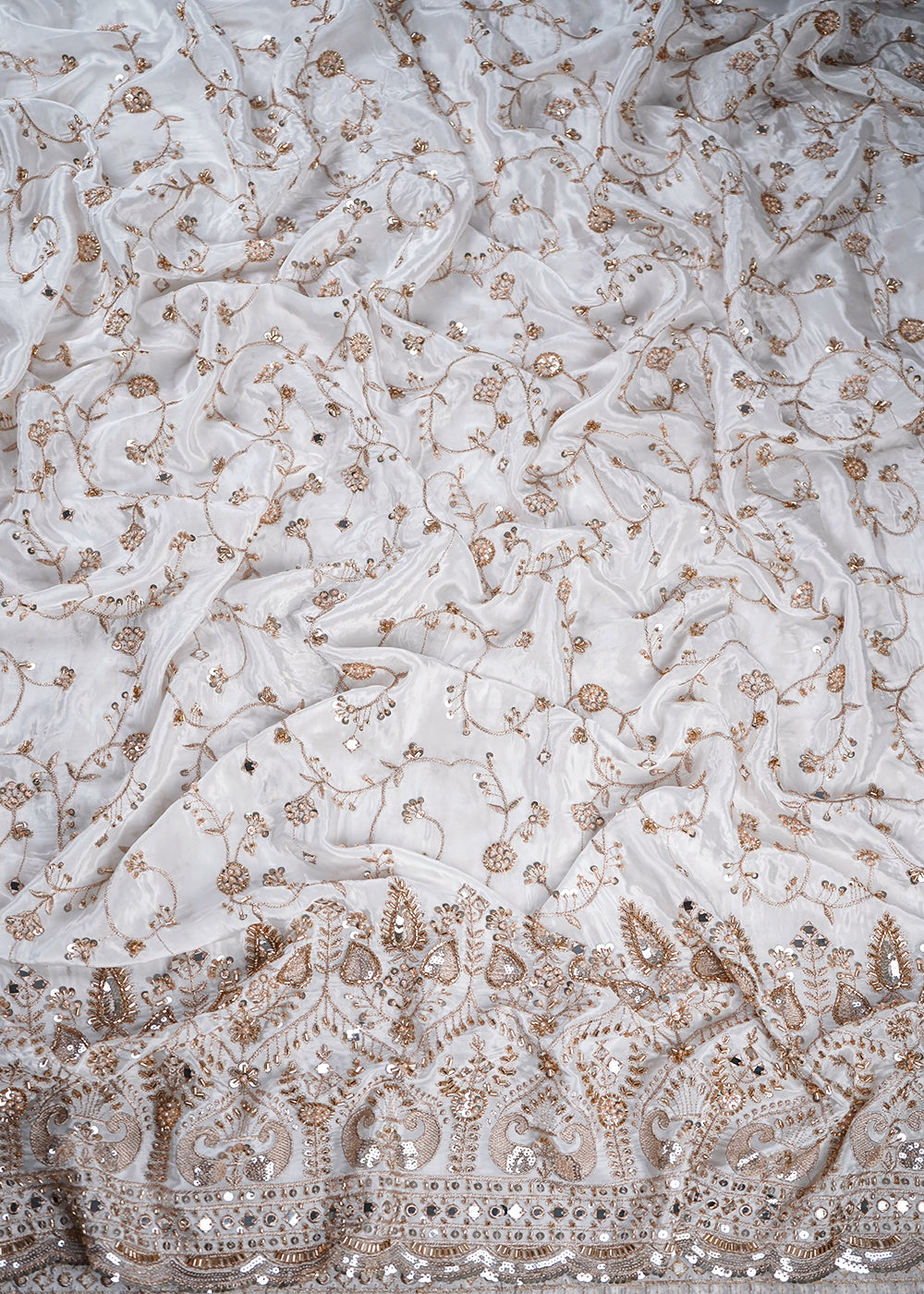 White Dyeable Crepe Fabric With All Over Zari, Sequins, Katdana, Bead And Faux Mirror Work With One Side Border 23979