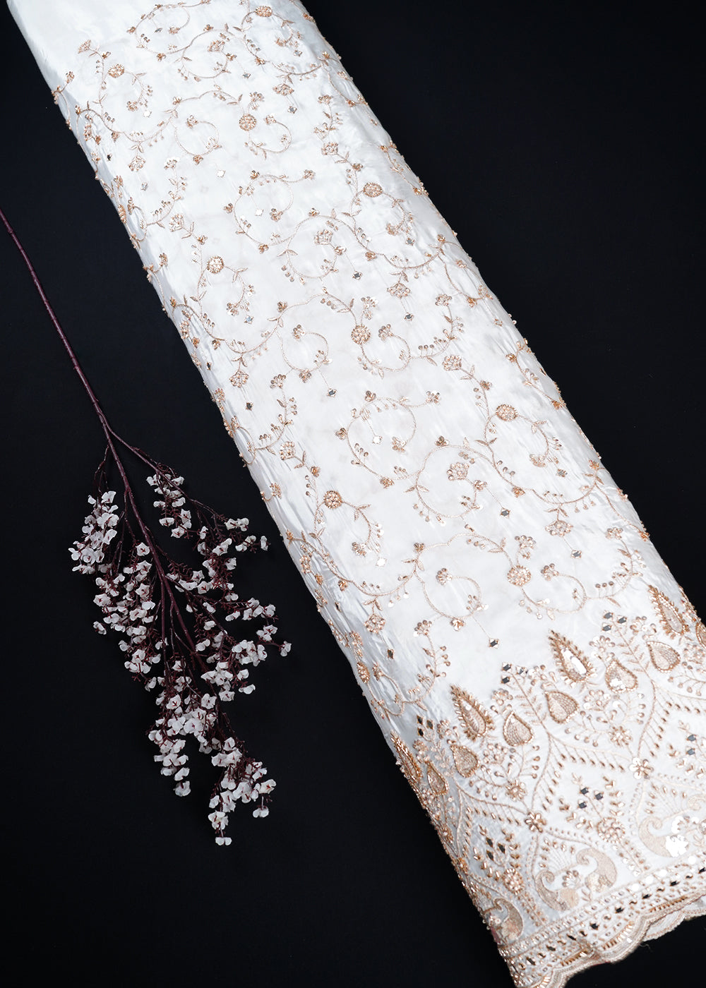 White Dyeable Crepe Fabric With All Over Zari, Sequins, Katdana, Bead And Faux Mirror Work With One Side Border 23979