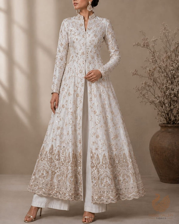 White Dyeable Crepe Fabric With All Over Zari, Sequins, Katdana, Bead And Faux Mirror Work With One Side Border 23979