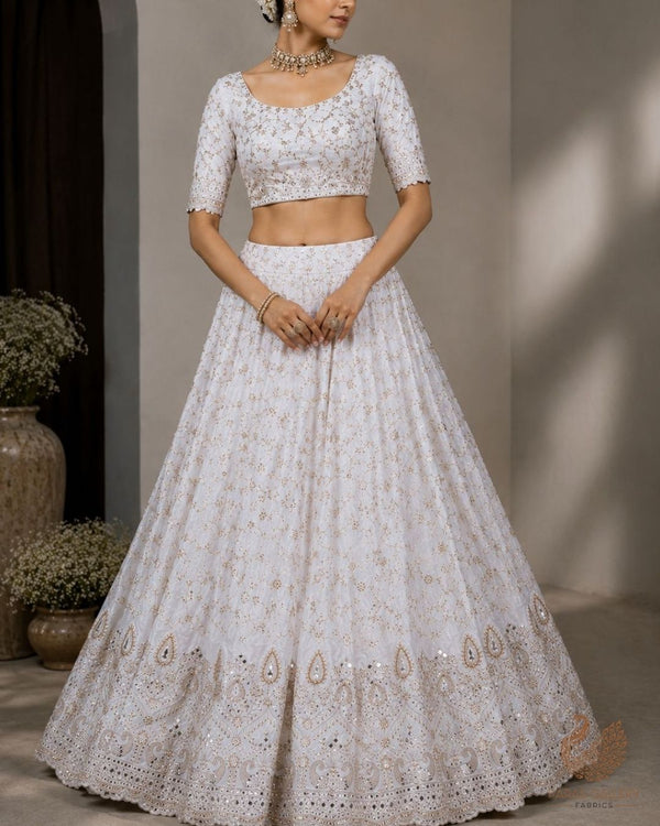 White Dyeable Crepe Fabric With All Over Zari, Sequins, Katdana, Bead And Faux Mirror Work With One Side Border 23979